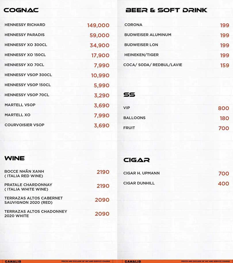 Canalis Club menu - refreshments