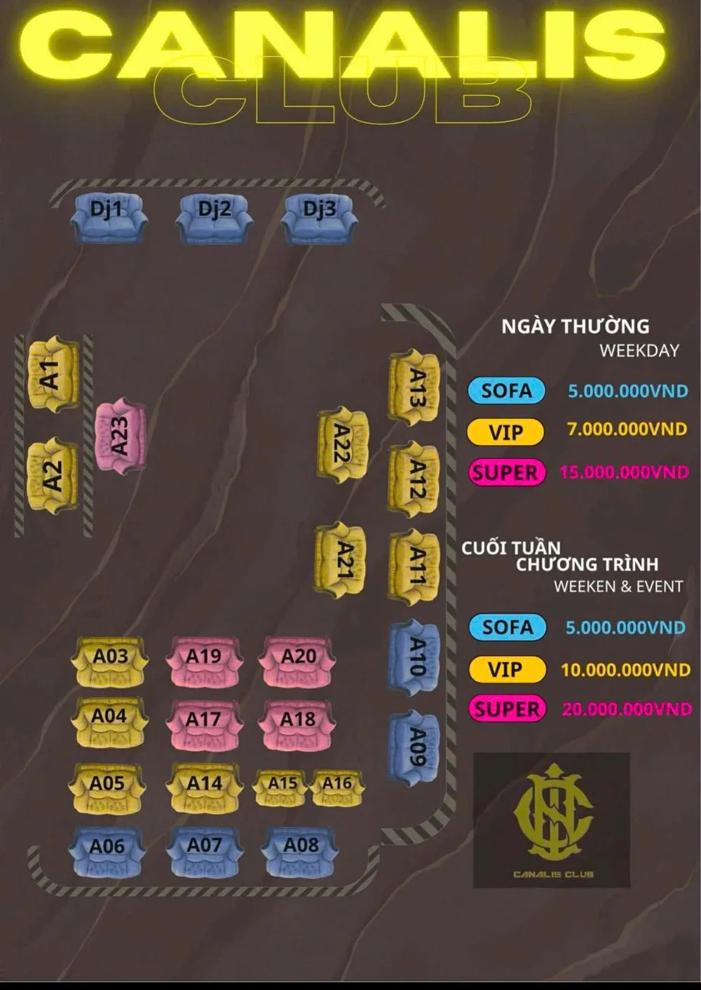 Sơ đồ bàn Canalis Club: vị trí A01 đến A23 và ba hạng bàn SOFA, VIP, SUPER